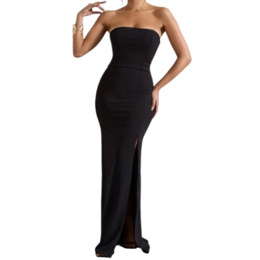ClubL Belle Of The Ball Strapless Black Split Thigh Hem Gown